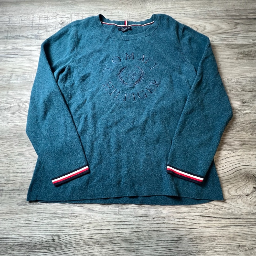 Tommy Hilfiger Sweater Womens XL Teal Green Embroidered Logo Striped Cuff Cotton